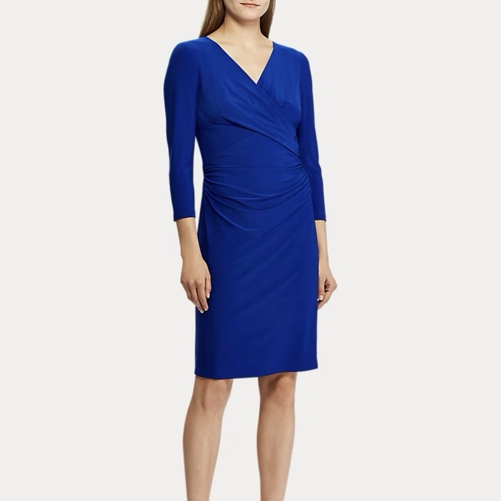 Ralph Lauren Royal Blue Side Ruched 3/4 Sleeve Stretch Sheath Dress Size 8‎